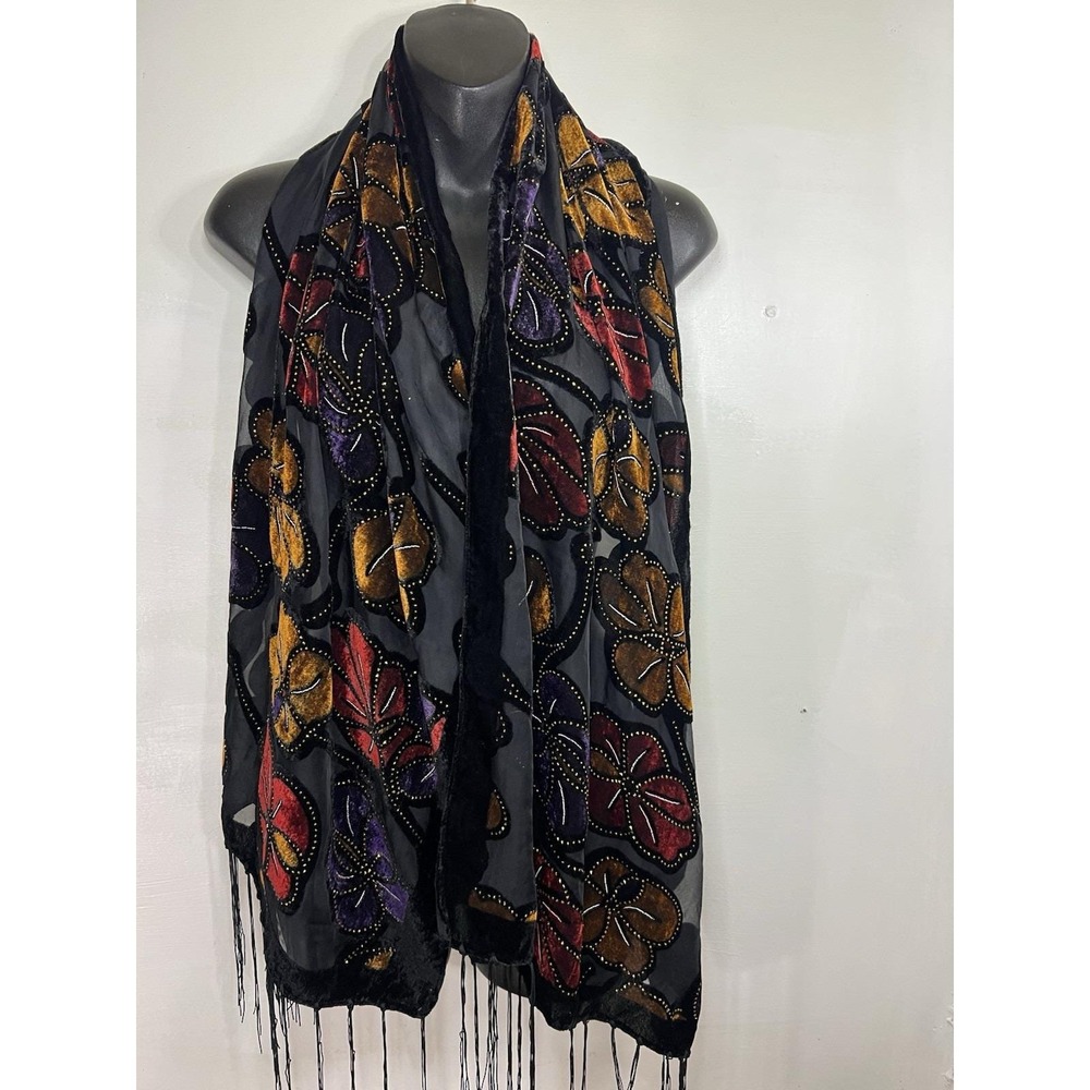 Vtg Silk Blend Faux Velvet Burnout Floral Scarf Goth Witchy Floral Nature Mcm
